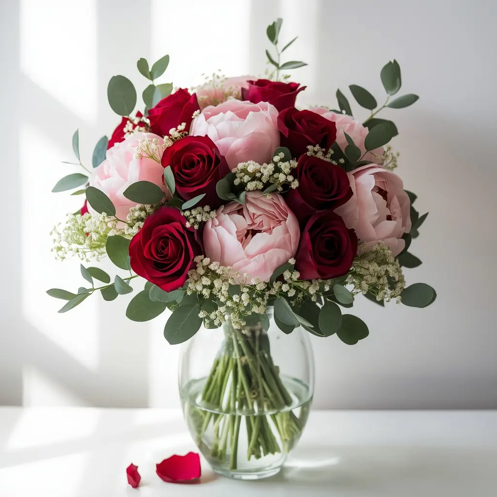 Beautiful fresh flower bouquet with roses and peonies