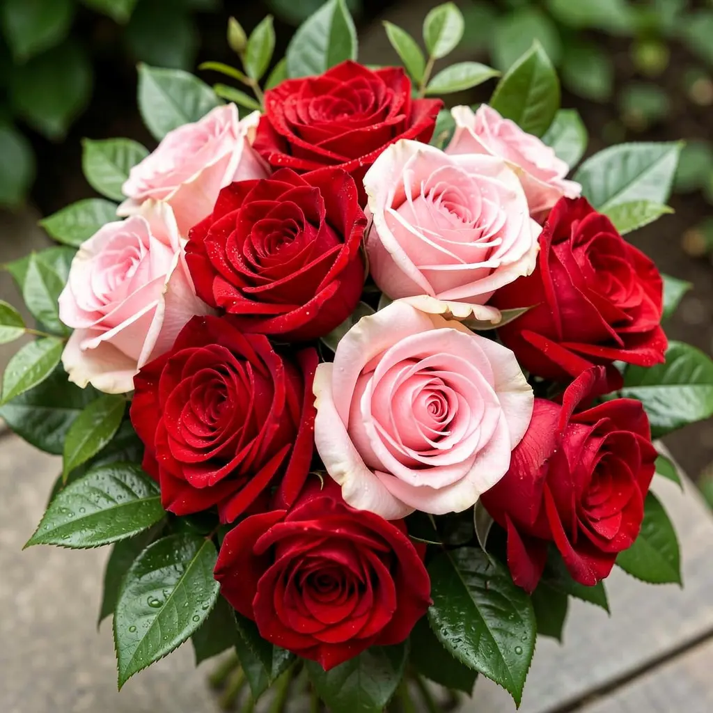 Elegant red and pink roses arranged in a beautiful bouquet