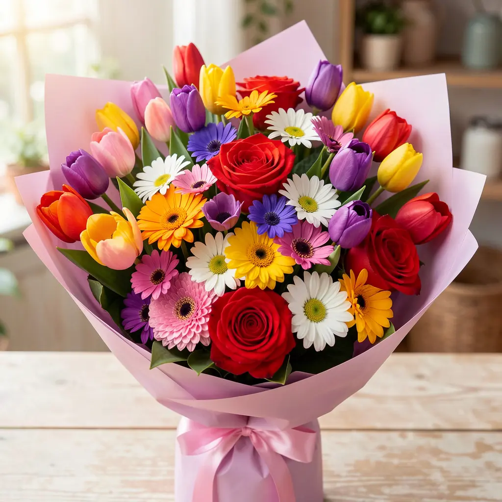 Colorful mixed seasonal flowers in a wrapped bouquet